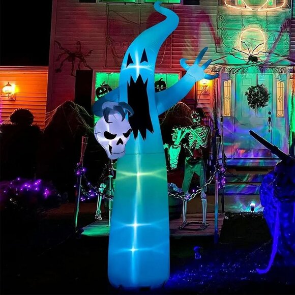 12 FT Halloween Inflatables Ghost Hold Skull with Color Changing RGB LED Lights